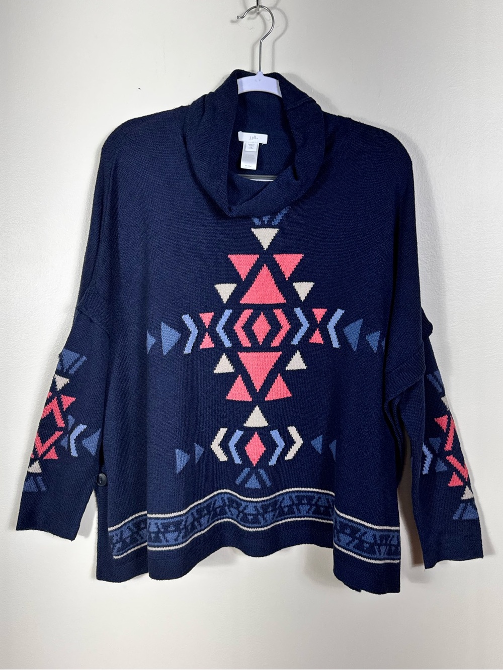 J Jill Southwestern Aztec Cowl Neck Oversized Sweater MP Boho Dolman Sleeves